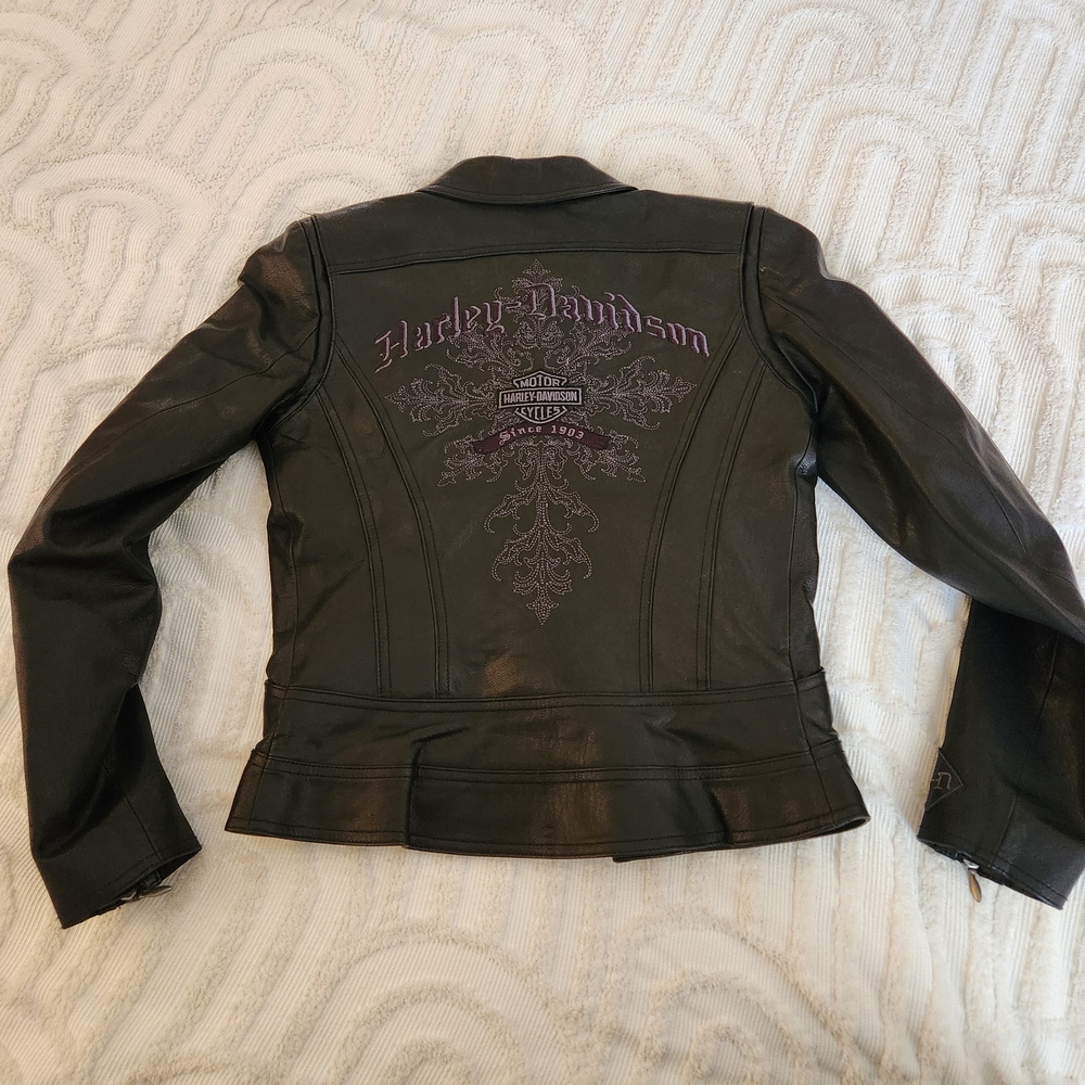 Harley-Davidson Women's Black Leather Motorcycle Zip Jacket Purple Embroidery Xs - Picture 5 of 12